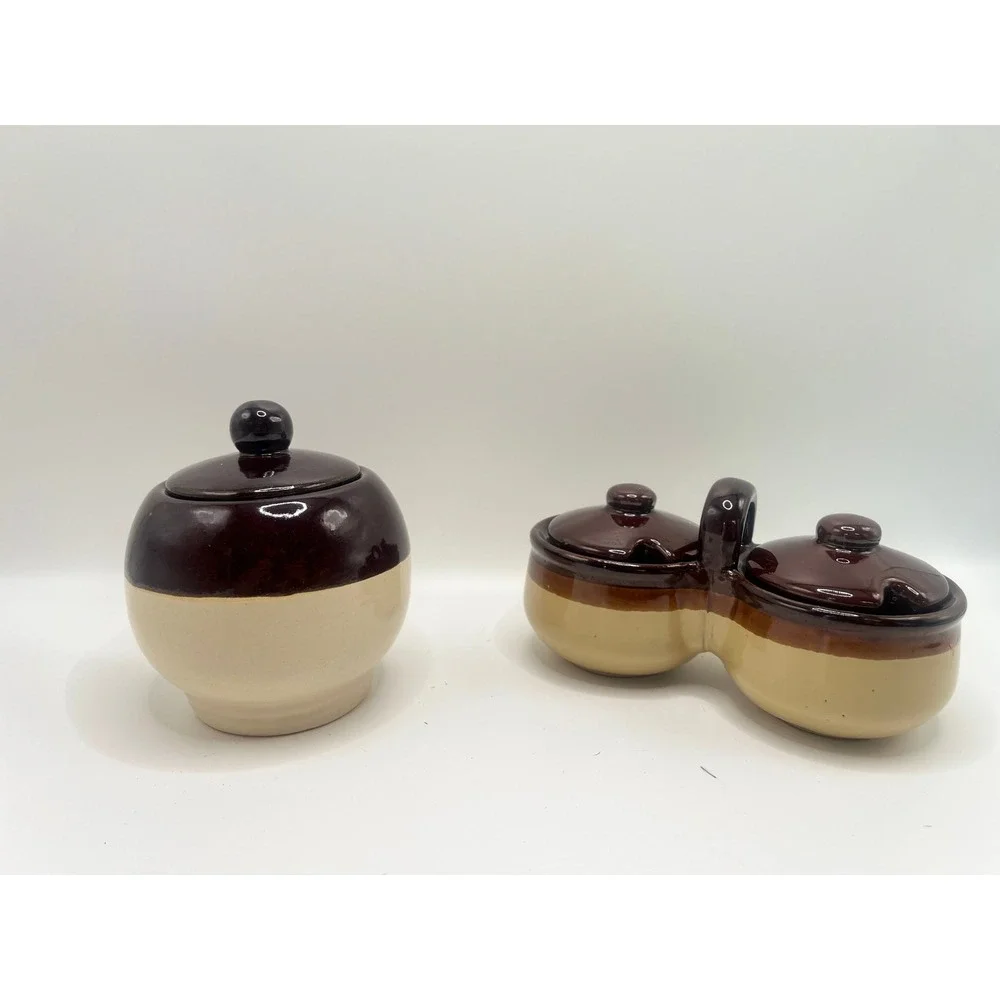Vintage Two Tone Brown Tan Stoneware Sugar Bowl and Double Jam Jelly Server Set